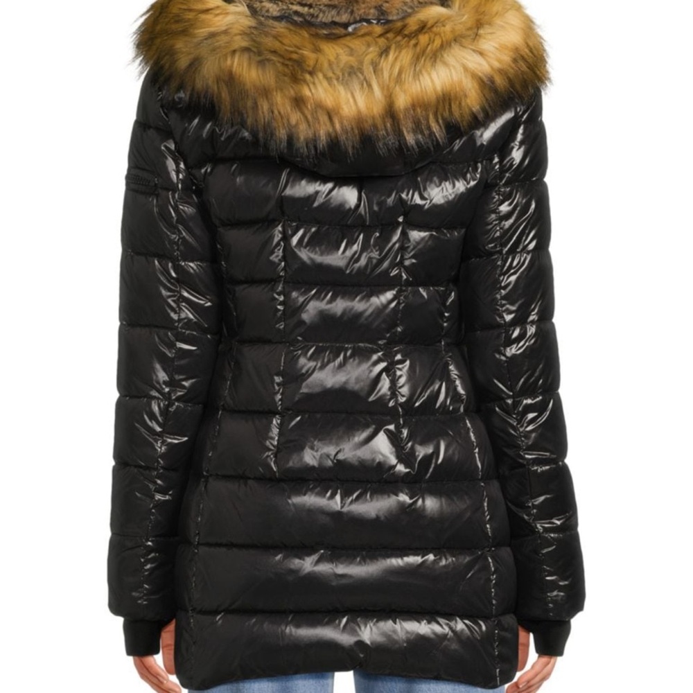 NWOT S13 Chelsea Women's Black Shiny Puffer Jacket with Faux Fur Trim - Picture 3 of 16